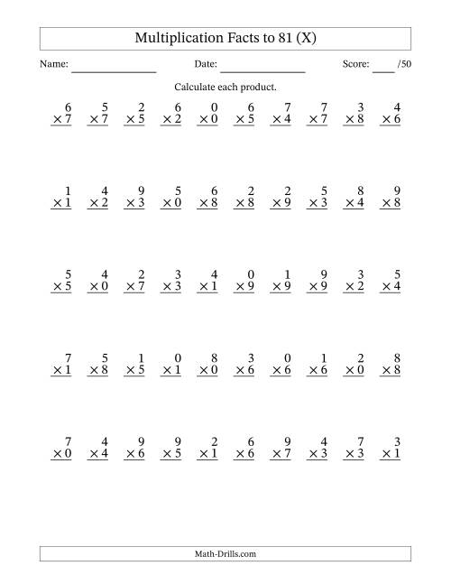 The Multiplication Facts to 81 (50 Questions) (With Zeros) (X) Math Worksheet