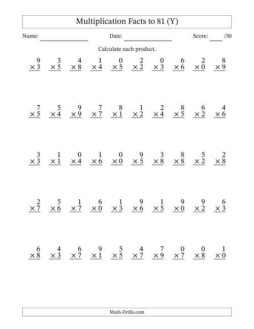 The Multiplication Facts to 81 (50 Questions) (With Zeros) (Y) Math Worksheet