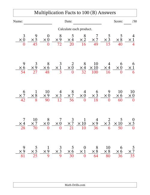 The Multiplication Facts to 100 (50 Questions) (With Zeros) (B) Math Worksheet Page 2