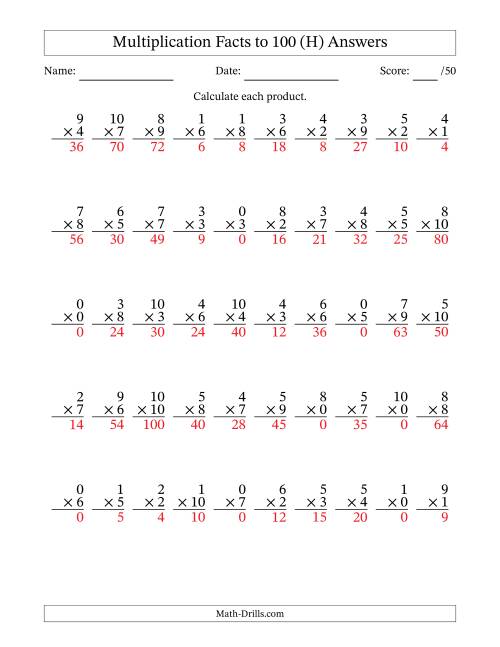 The Multiplication Facts to 100 (50 Questions) (With Zeros) (H) Math Worksheet Page 2