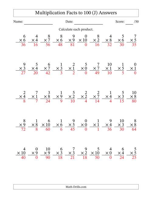 The Multiplication Facts to 100 (50 Questions) (With Zeros) (J) Math Worksheet Page 2