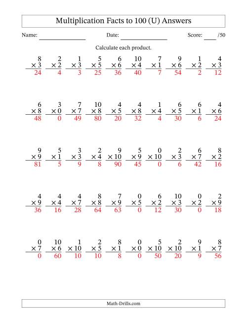 The Multiplication Facts to 100 (50 Questions) (With Zeros) (U) Math Worksheet Page 2
