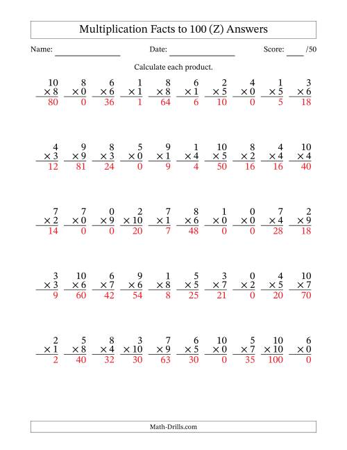 The Multiplication Facts to 100 (50 Questions) (With Zeros) (Z) Math Worksheet Page 2
