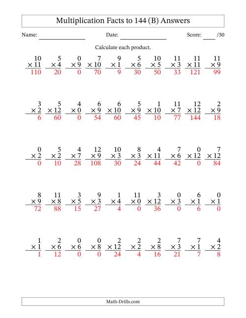 The Multiplication Facts to 144 (50 Questions) (With Zeros) (B) Math Worksheet Page 2