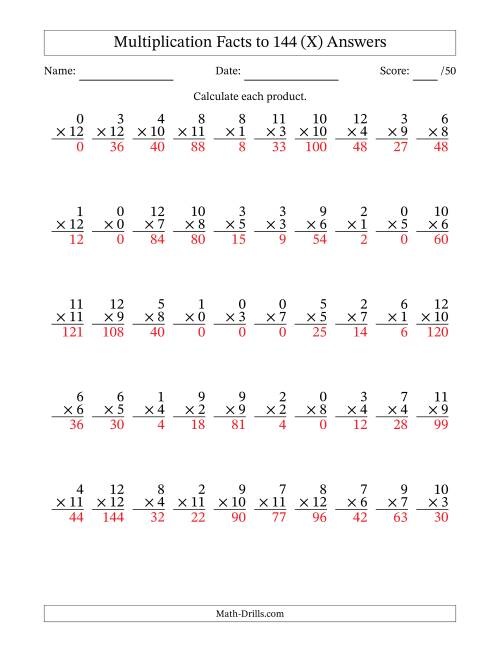 The Multiplication Facts to 144 (50 Questions) (With Zeros) (X) Math Worksheet Page 2