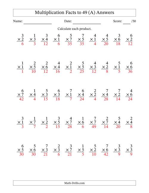 The Multiplication Facts to 49 (50 Questions) (No Zeros) (A) Math Worksheet Page 2