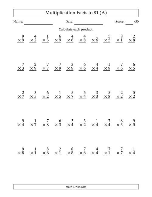 The Multiplication Facts to 81 (50 Questions) (No Zeros) (A) Math Worksheet