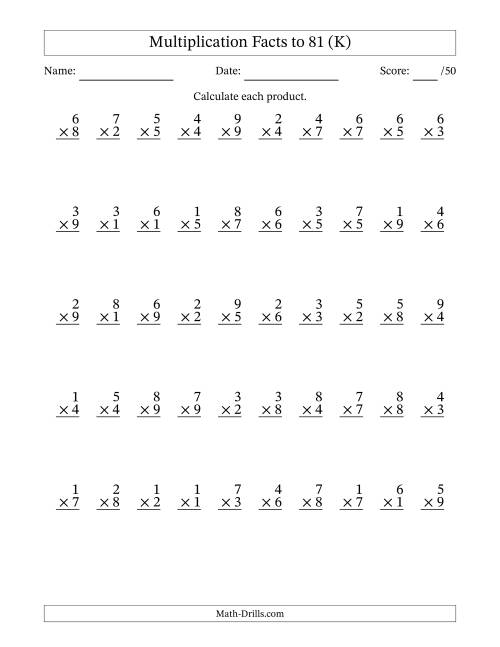 The Multiplication Facts to 81 (50 Questions) (No Zeros) (K) Math Worksheet