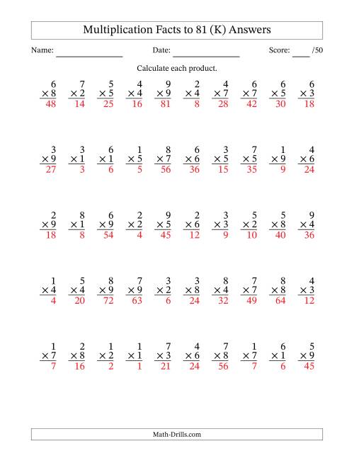The Multiplication Facts to 81 (50 Questions) (No Zeros) (K) Math Worksheet Page 2