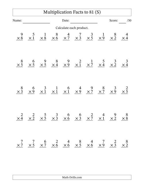 The Multiplication Facts to 81 (50 Questions) (No Zeros) (S) Math Worksheet