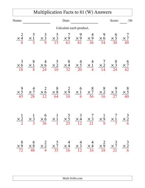 The Multiplication Facts to 81 (50 Questions) (No Zeros) (W) Math Worksheet Page 2