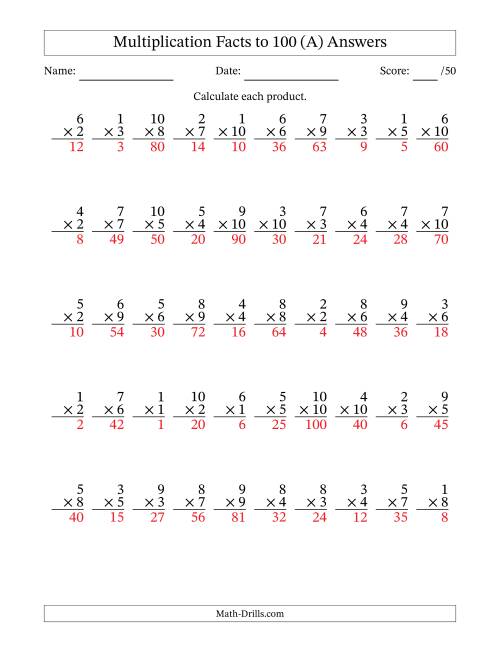 The Multiplication Facts to 100 (50 Questions) (No Zeros) (A) Math Worksheet Page 2