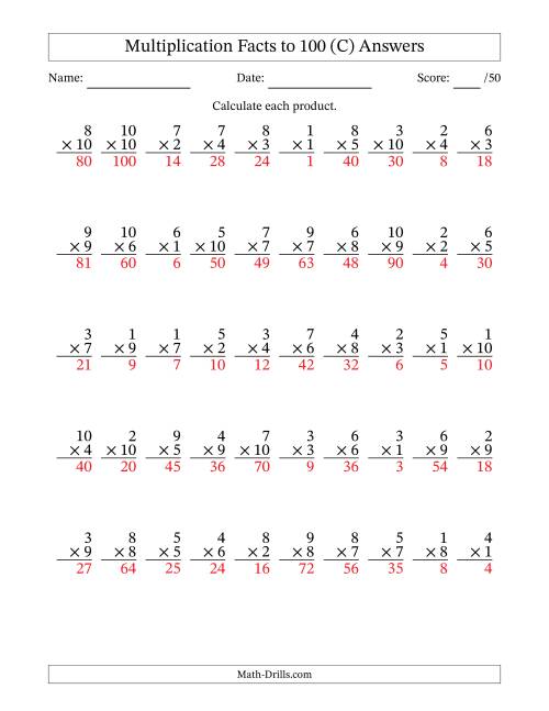 The Multiplication Facts to 100 (50 Questions) (No Zeros) (C) Math Worksheet Page 2