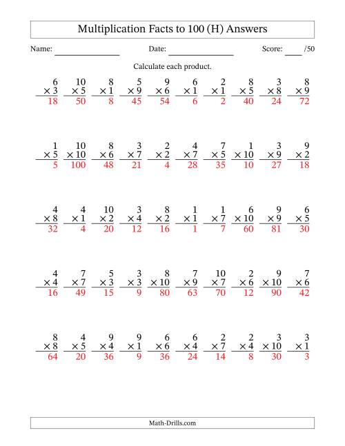 The Multiplication Facts to 100 (50 Questions) (No Zeros) (H) Math Worksheet Page 2
