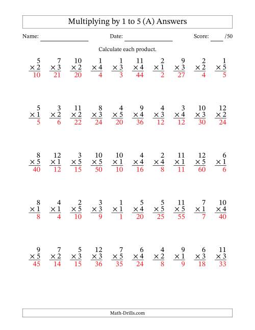 The Multiplying (1 to 12) by 1 to 5 (50 Questions) (A) Math Worksheet Page 2