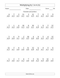 Multiplying (1 to 12) by 1 to 6 (50 Questions)