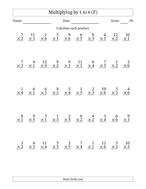 The Multiplying (1 to 12) by 1 to 6 (50 Questions) (F) Math Worksheet