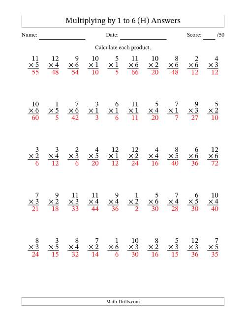 The Multiplying (1 to 12) by 1 to 6 (50 Questions) (H) Math Worksheet Page 2