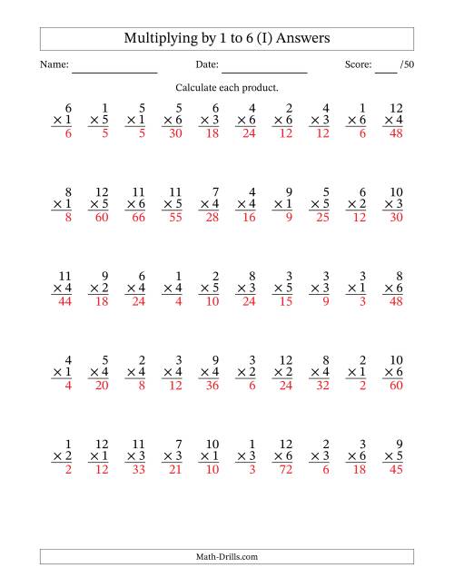The Multiplying (1 to 12) by 1 to 6 (50 Questions) (I) Math Worksheet Page 2