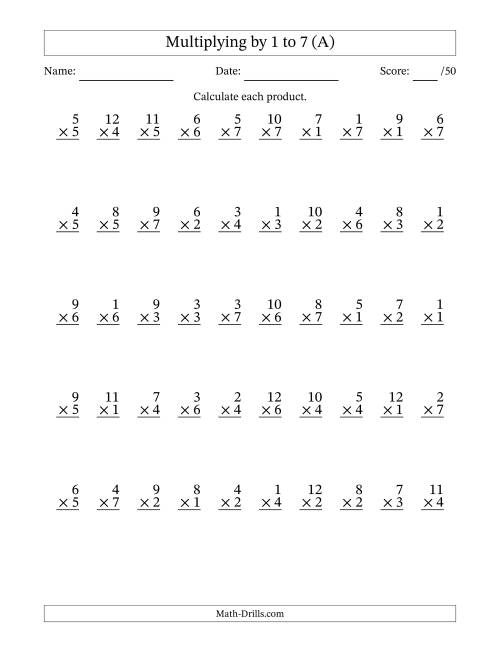 The Multiplying (1 to 12) by 1 to 7 (50 Questions) (A) Math Worksheet