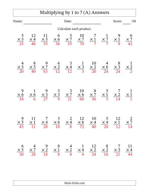 The Multiplying (1 to 12) by 1 to 7 (50 Questions) (A) Math Worksheet Page 2