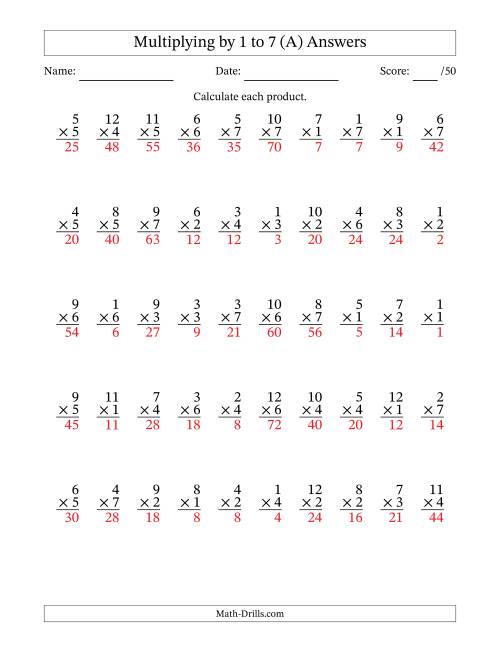 multiplying 1 to 12 by 1 to 7 50 questions all