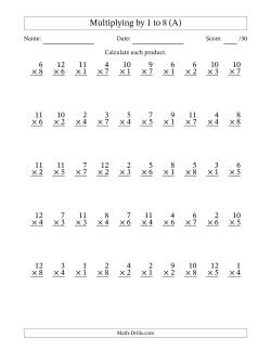 Multiplying (1 to 12) by 1 to 8 (50 Questions)