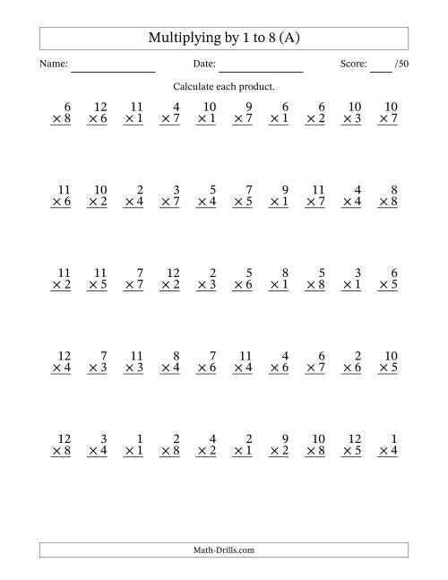 The Multiplying (1 to 12) by 1 to 8 (50 Questions) (A) Math Worksheet