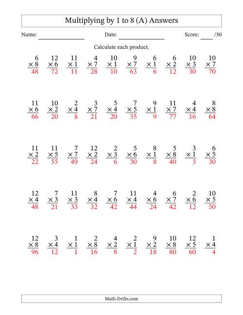 The Multiplying (1 to 12) by 1 to 8 (50 Questions) (A) Math Worksheet Page 2