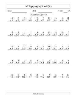 Multiplying (1 to 12) by 1 to 9 (50 Questions)