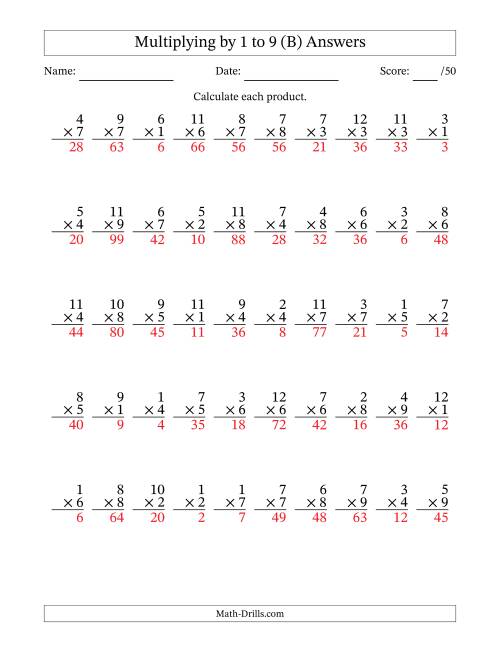 The Multiplying (1 to 12) by 1 to 9 (50 Questions) (B) Math Worksheet Page 2