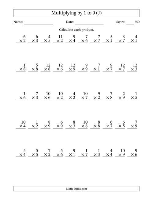 The Multiplying (1 to 12) by 1 to 9 (50 Questions) (J) Math Worksheet