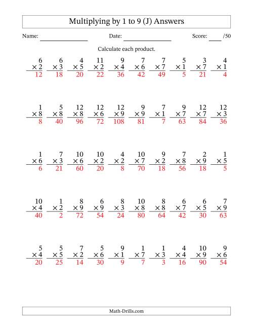 The Multiplying (1 to 12) by 1 to 9 (50 Questions) (J) Math Worksheet Page 2