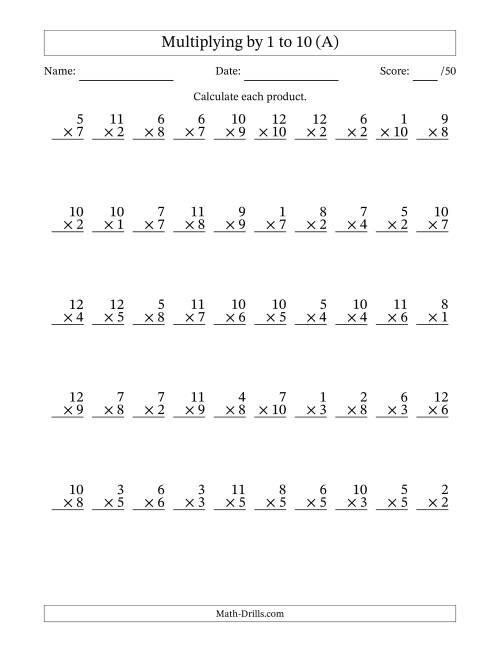 The Multiplying (1 to 12) by 1 to 10 (50 Questions) (A) Math Worksheet