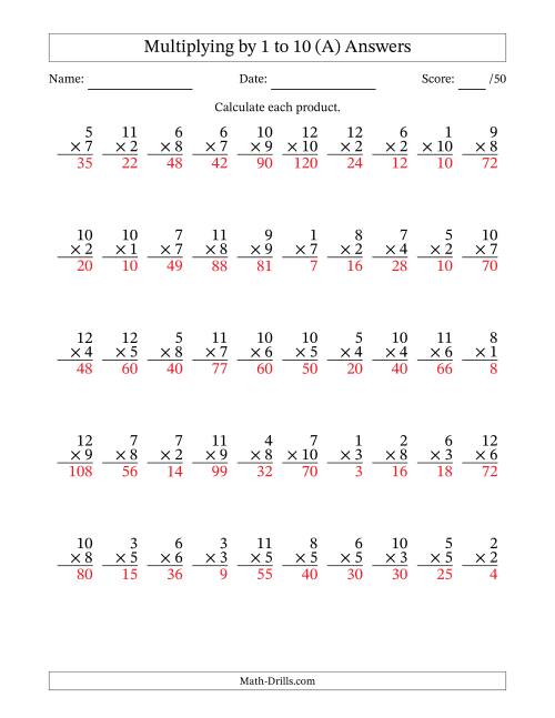 The Multiplying (1 to 12) by 1 to 10 (50 Questions) (A) Math Worksheet Page 2