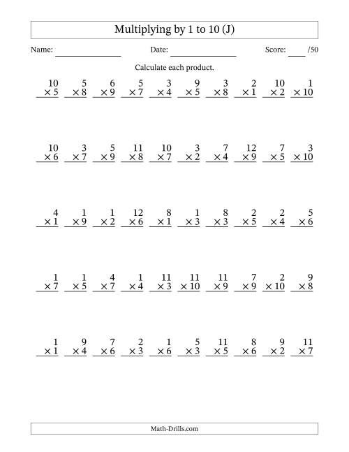 The Multiplying (1 to 12) by 1 to 10 (50 Questions) (J) Math Worksheet