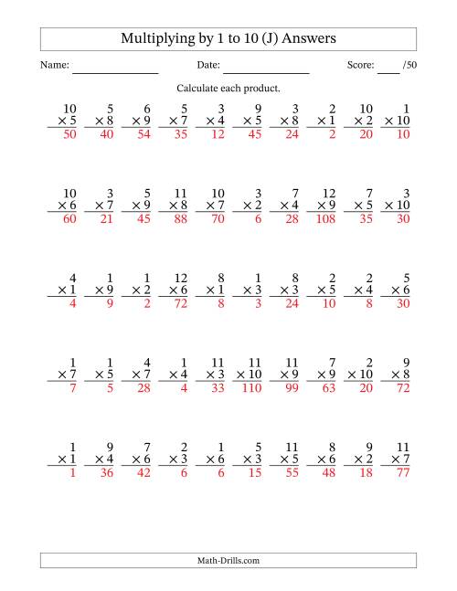 The Multiplying (1 to 12) by 1 to 10 (50 Questions) (J) Math Worksheet Page 2