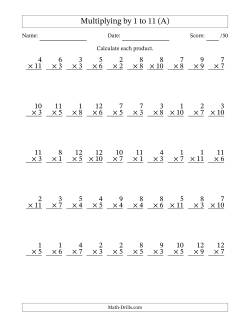 Multiplying (1 to 12) by 1 to 11 (50 Questions)