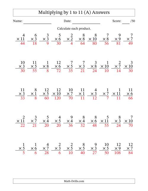 The Multiplying (1 to 12) by 1 to 11 (50 Questions) (A) Math Worksheet Page 2