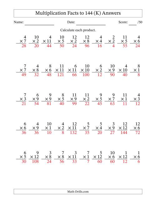 The Multiplication Facts to 144 (50 Questions) (No Zeros) (K) Math Worksheet Page 2