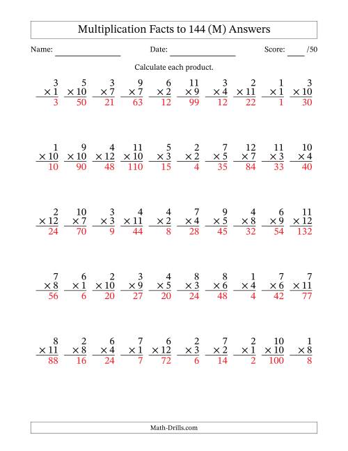 The Multiplication Facts to 144 (50 Questions) (No Zeros) (M) Math Worksheet Page 2