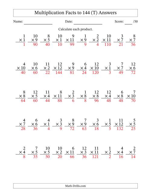 The Multiplication Facts to 144 (50 Questions) (No Zeros) (T) Math Worksheet Page 2