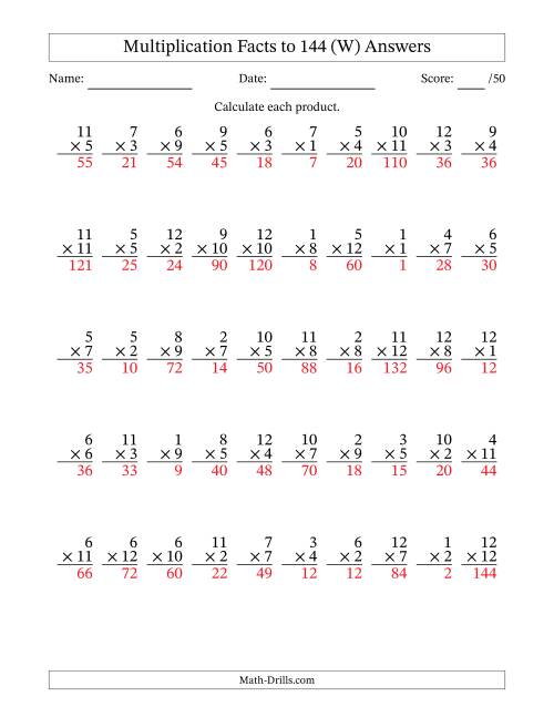 The Multiplication Facts to 144 (50 Questions) (No Zeros) (W) Math Worksheet Page 2
