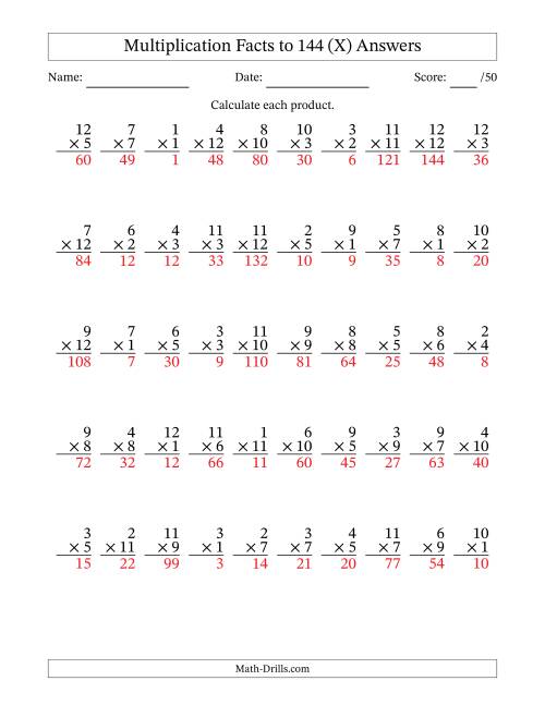 The Multiplication Facts to 144 (50 Questions) (No Zeros) (X) Math Worksheet Page 2