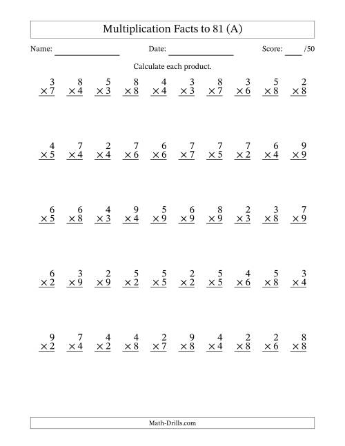 The Multiplication Facts to 81 (50 Questions) (No Zeros or Ones) (A) Math Worksheet