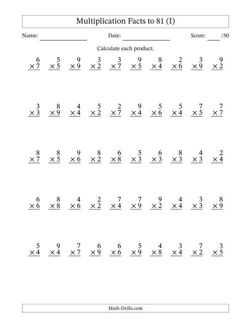 The Multiplication Facts to 81 (50 Questions) (No Zeros or Ones) (I) Math Worksheet