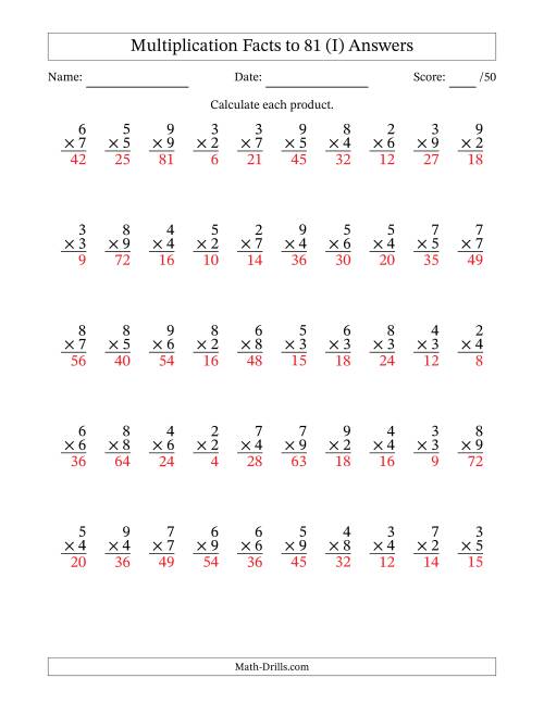 The Multiplication Facts to 81 (50 Questions) (No Zeros or Ones) (I) Math Worksheet Page 2