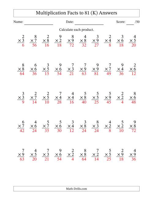 The Multiplication Facts to 81 (50 Questions) (No Zeros or Ones) (K) Math Worksheet Page 2