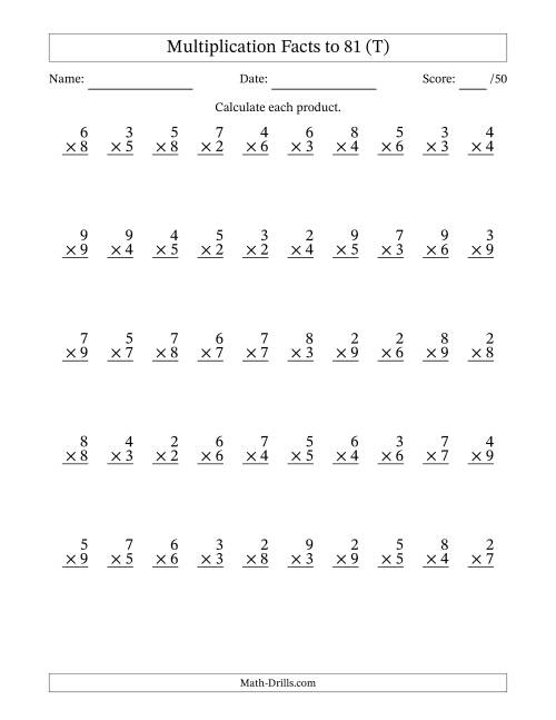 The Multiplication Facts to 81 (50 Questions) (No Zeros or Ones) (T) Math Worksheet