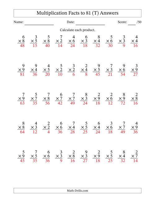The Multiplication Facts to 81 (50 Questions) (No Zeros or Ones) (T) Math Worksheet Page 2